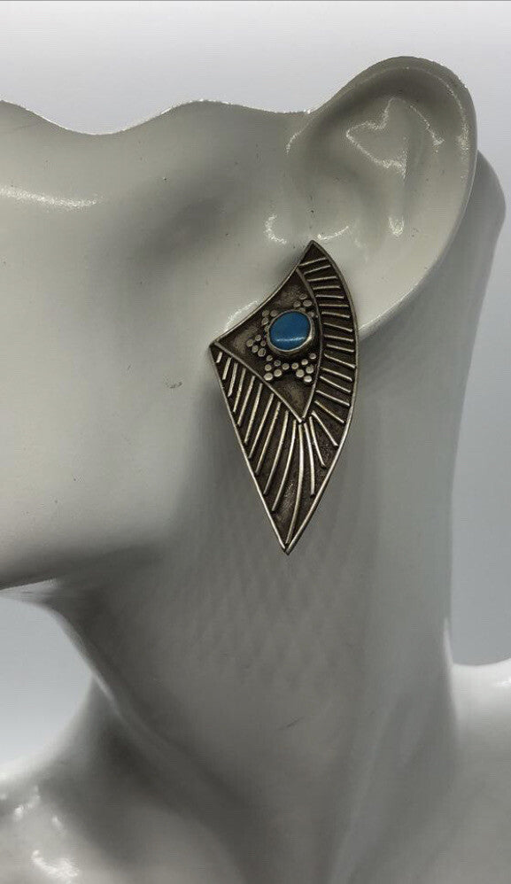 Large handmade sterling silver earring, Indonesia, unique Turquoise cabochon