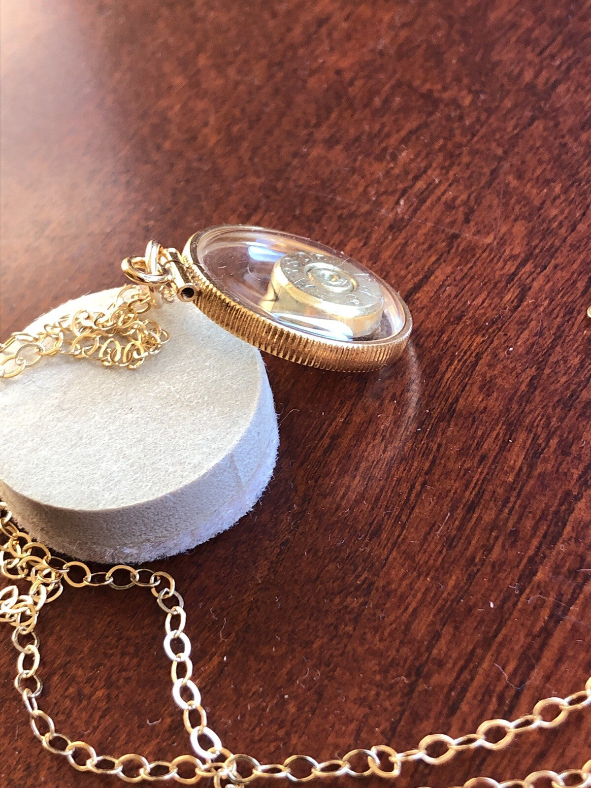 40 cal bullet necklace, back to back view locket, 14k gold filled locket-new