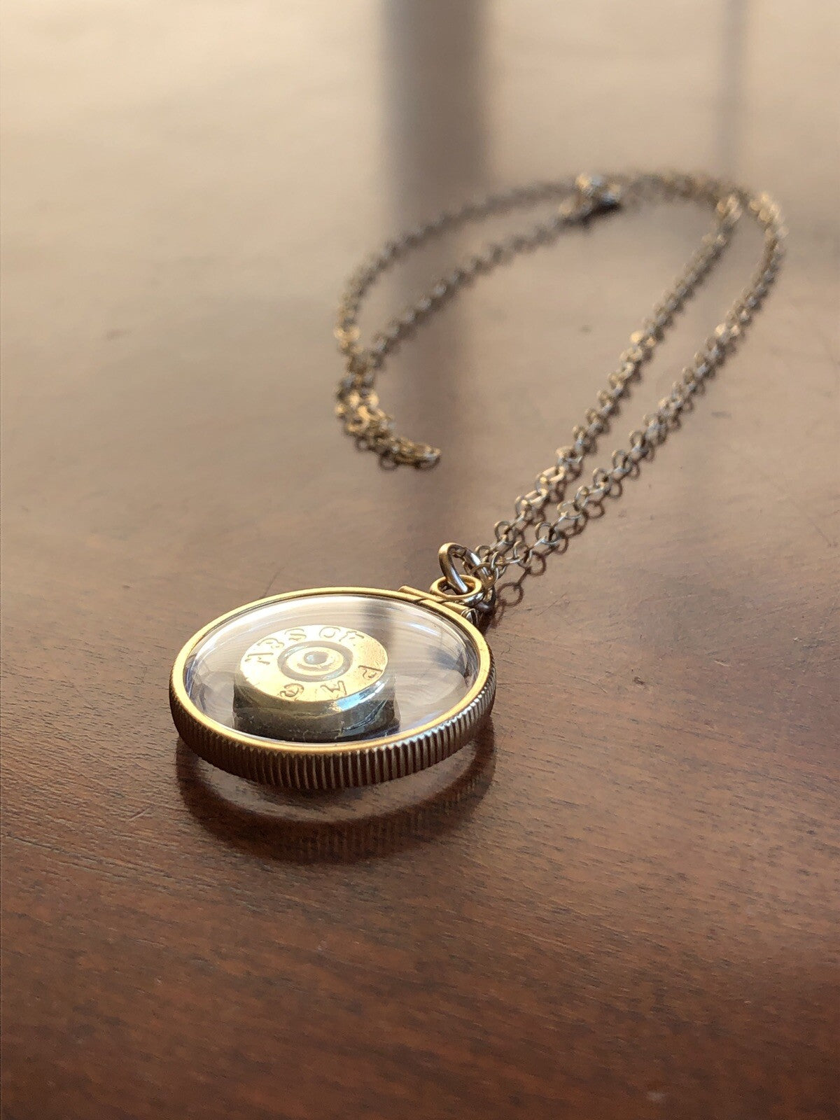 40 cal bullet necklace, back to back view locket, 14k gold filled locket-new