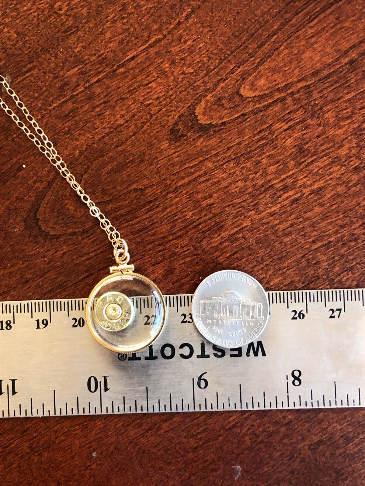 40 cal bullet necklace, back to back view locket, 14k gold filled locket-new