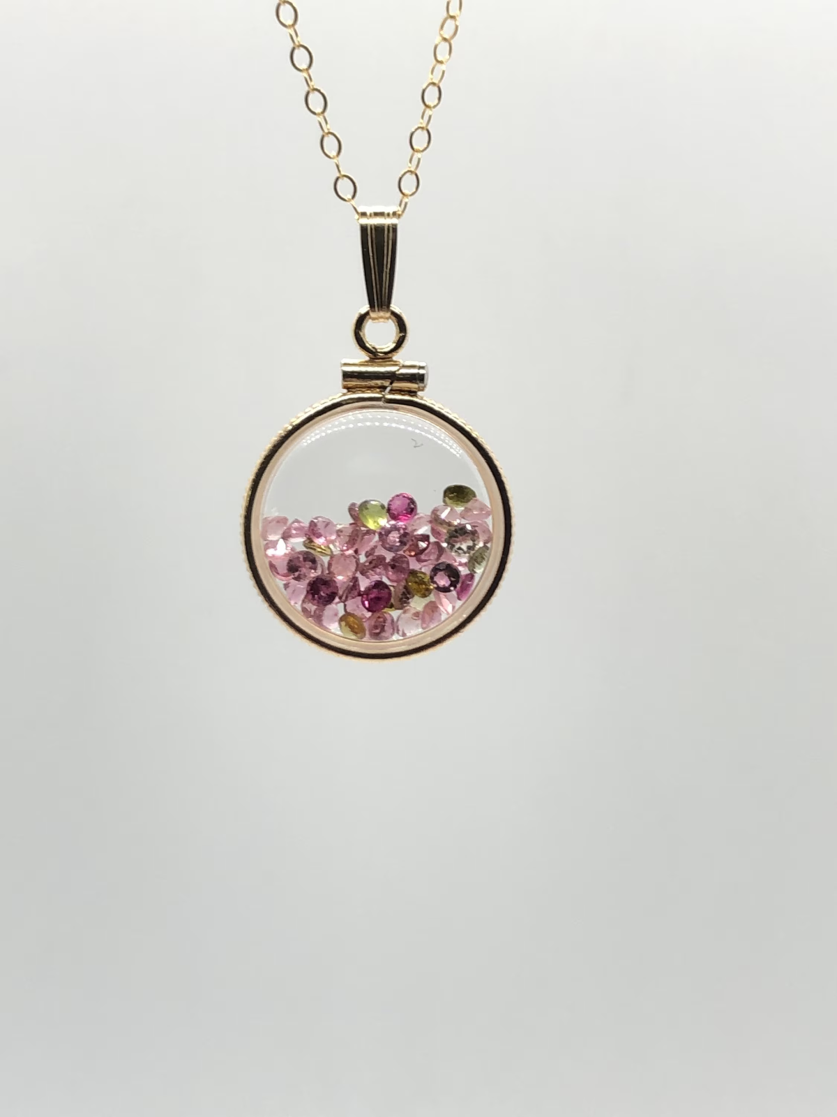 14k gold filled dime size Lucite Shaker Locket with Tourmaline October birthday