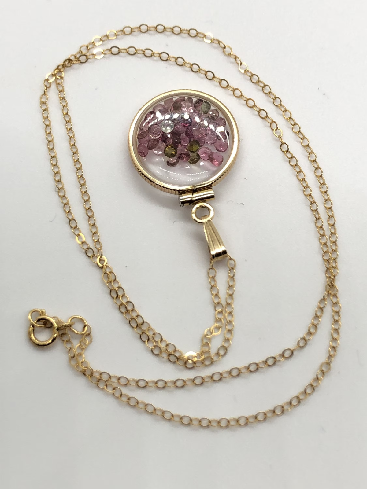 14k gold filled dime size Lucite Shaker Locket with Tourmaline October birthday