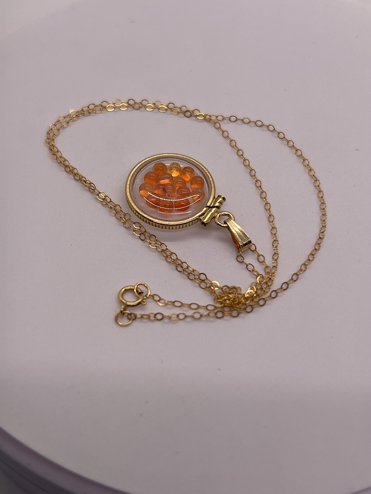 14k gold filled dime size Lucite Shaker Locket with Carnelian cabochons