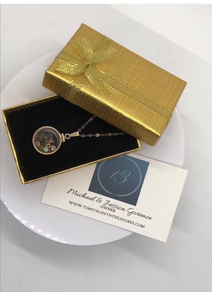 14k gold filled dime size Lucite Shaker Locket with Tourmaline October birthday