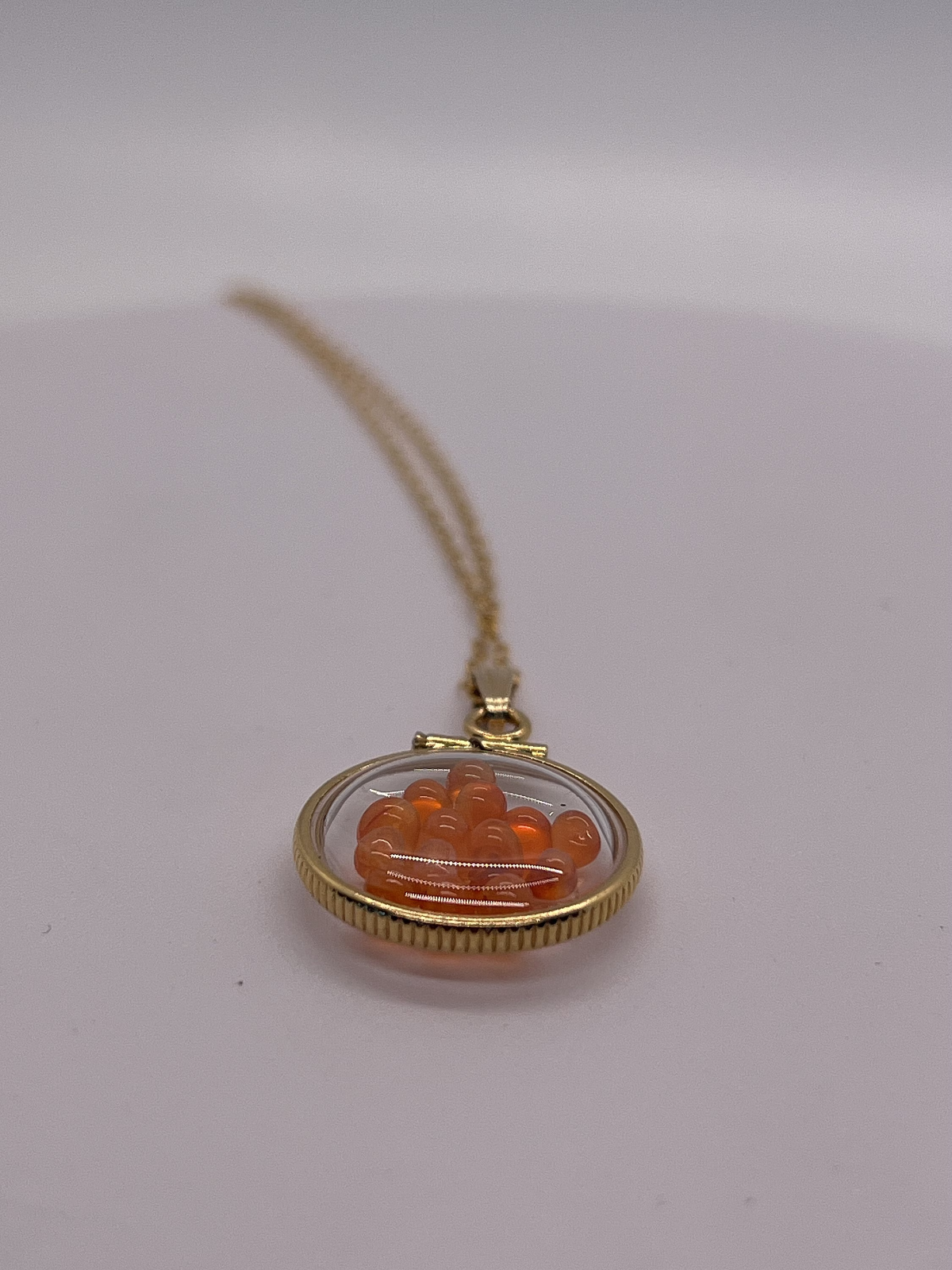 14k gold filled dime size Lucite Shaker Locket with Carnelian cabochons