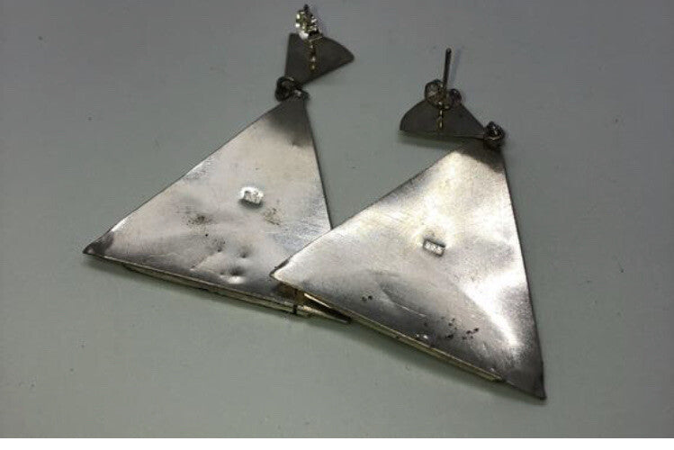 Large handmade sterling silver earrings, Indonesia, mother of pearl, onyx, nice!