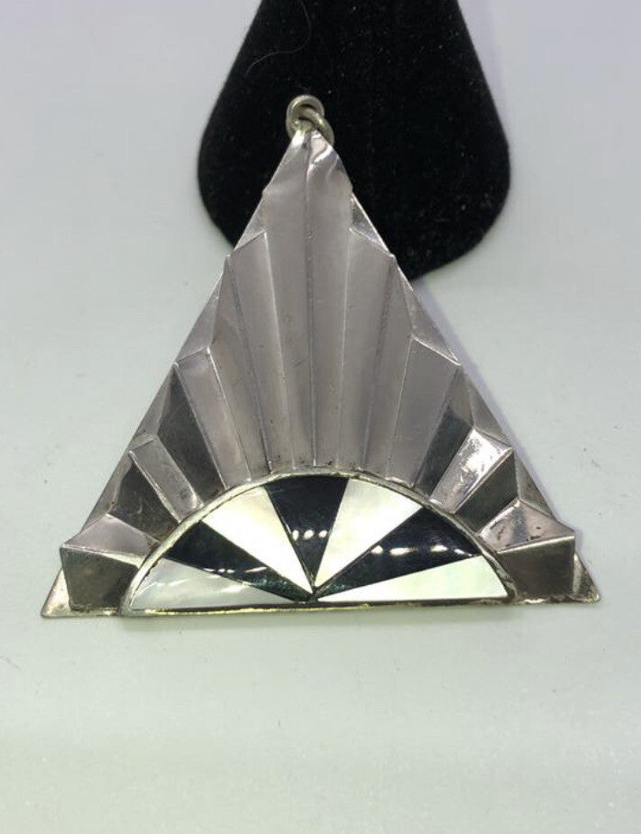 Large handmade sterling silver earrings, Indonesia, mother of pearl, onyx, nice!
