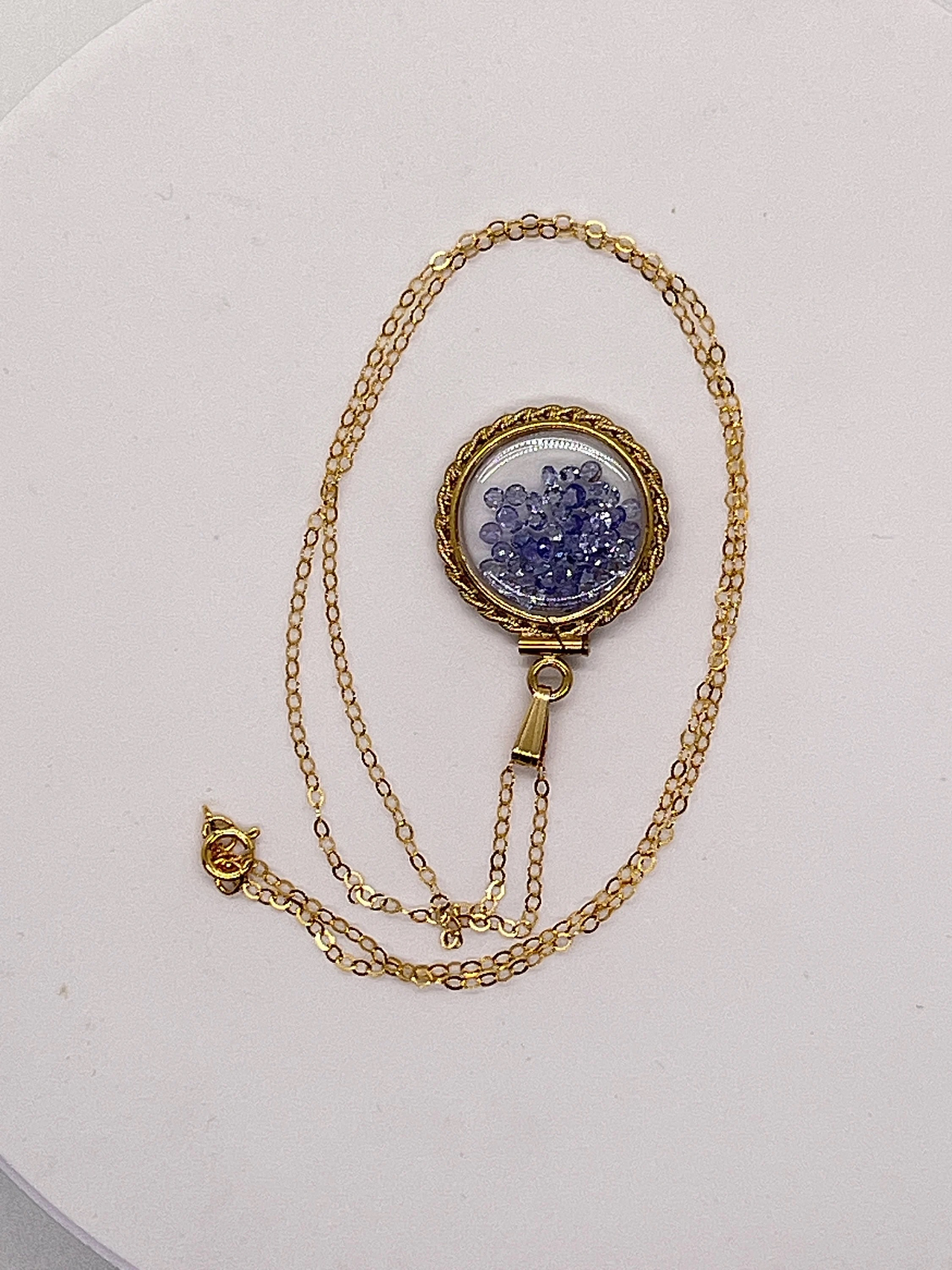 Tanzanite Rope Edge Shaker Locket 14k gold filled dime size Lucite, December