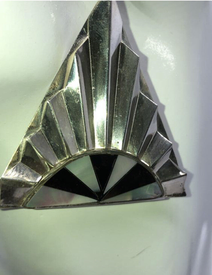 Large handmade sterling silver earrings, Indonesia, mother of pearl, onyx, nice!