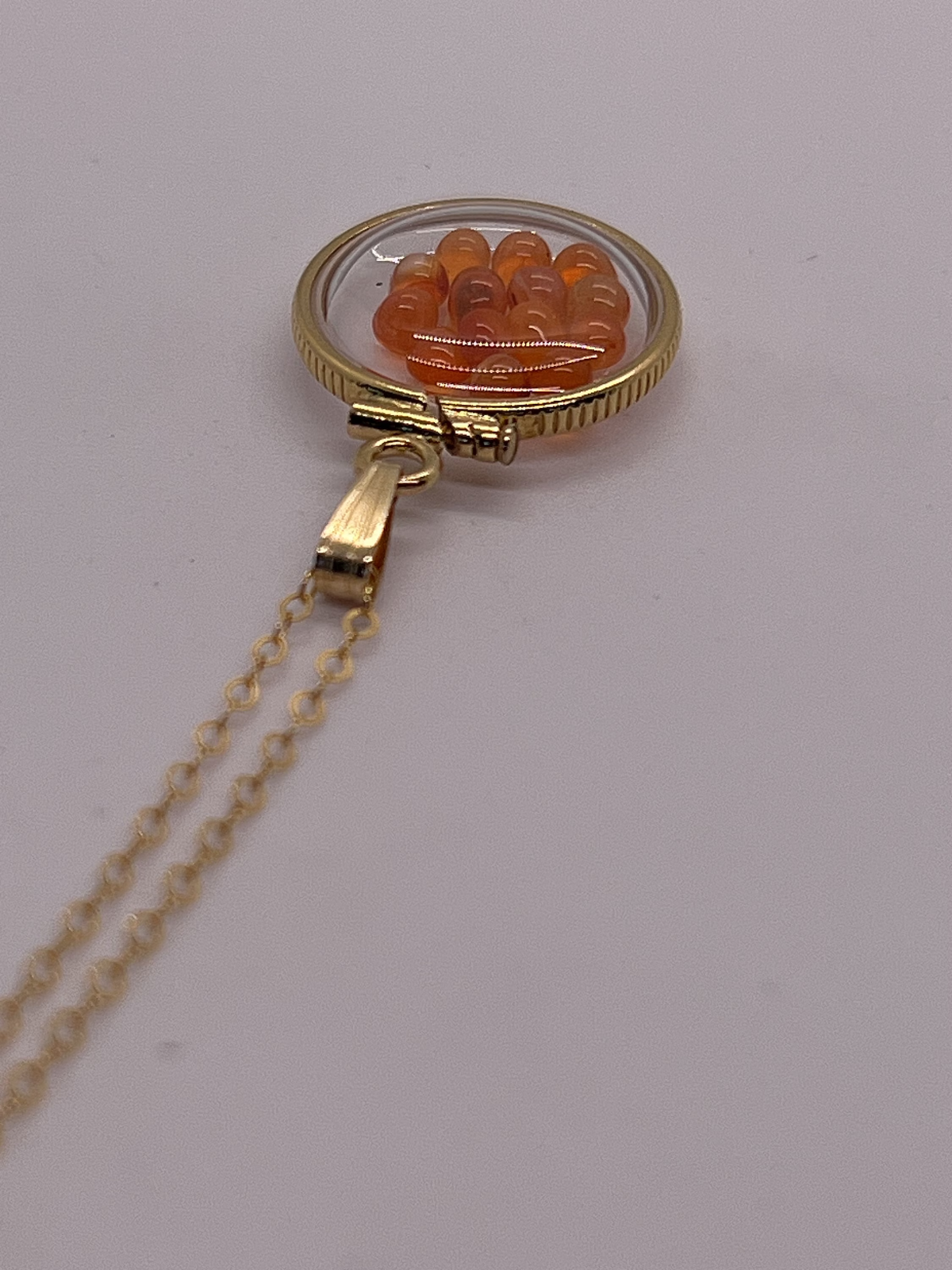 14k gold filled dime size Lucite Shaker Locket with Carnelian cabochons