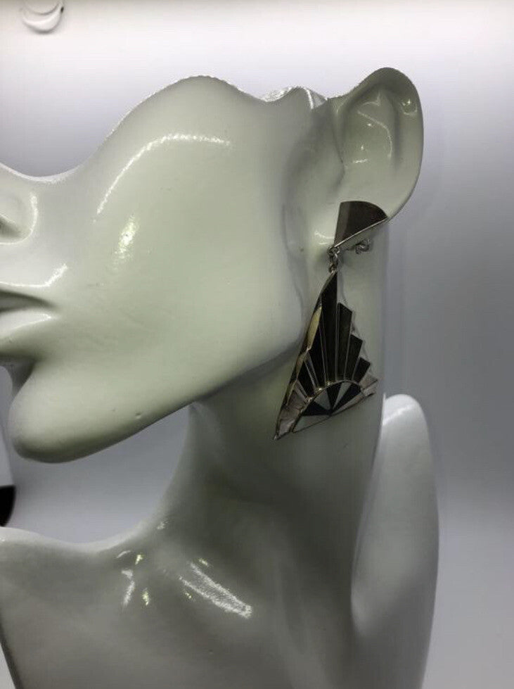 Large handmade sterling silver earrings, Indonesia, mother of pearl, onyx, nice!