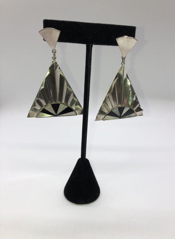 Large handmade sterling silver earrings, Indonesia, mother of pearl, onyx, nice!