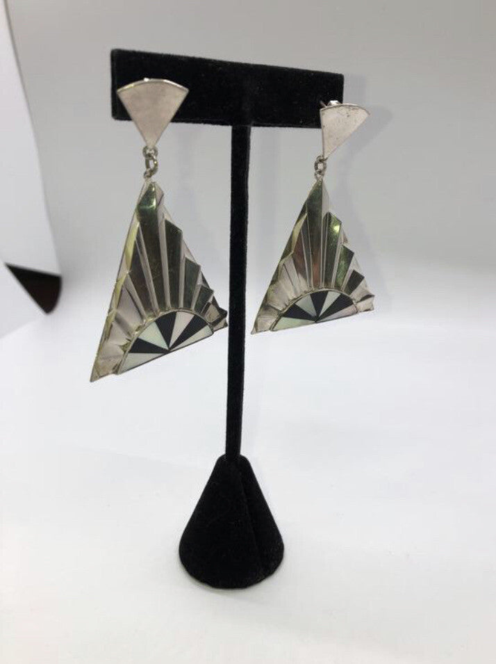Large handmade sterling silver earrings, Indonesia, mother of pearl, onyx, nice!