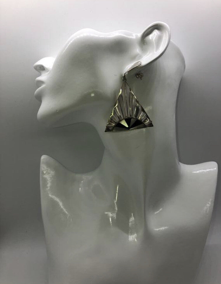 Large handmade sterling silver earrings, Indonesia, mother of pearl, onyx, nice!