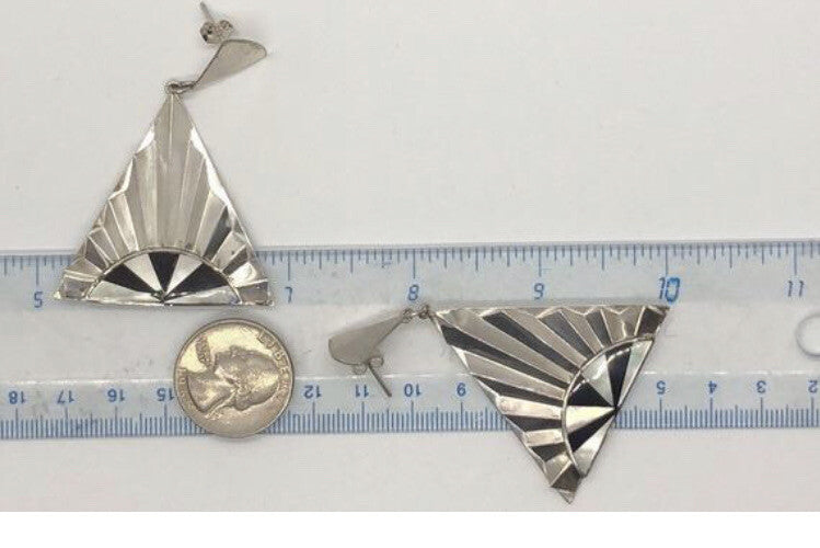 Large handmade sterling silver earrings, Indonesia, mother of pearl, onyx, nice!