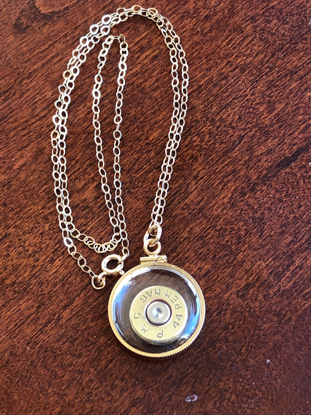 44 Magnum bullet necklace, back to back view locket, 14k gold filled locket-new