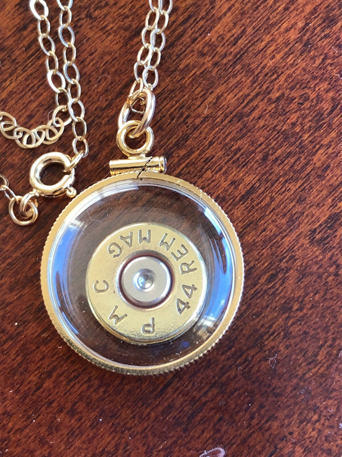 44 Magnum bullet necklace, back to back view locket, 14k gold filled locket-new