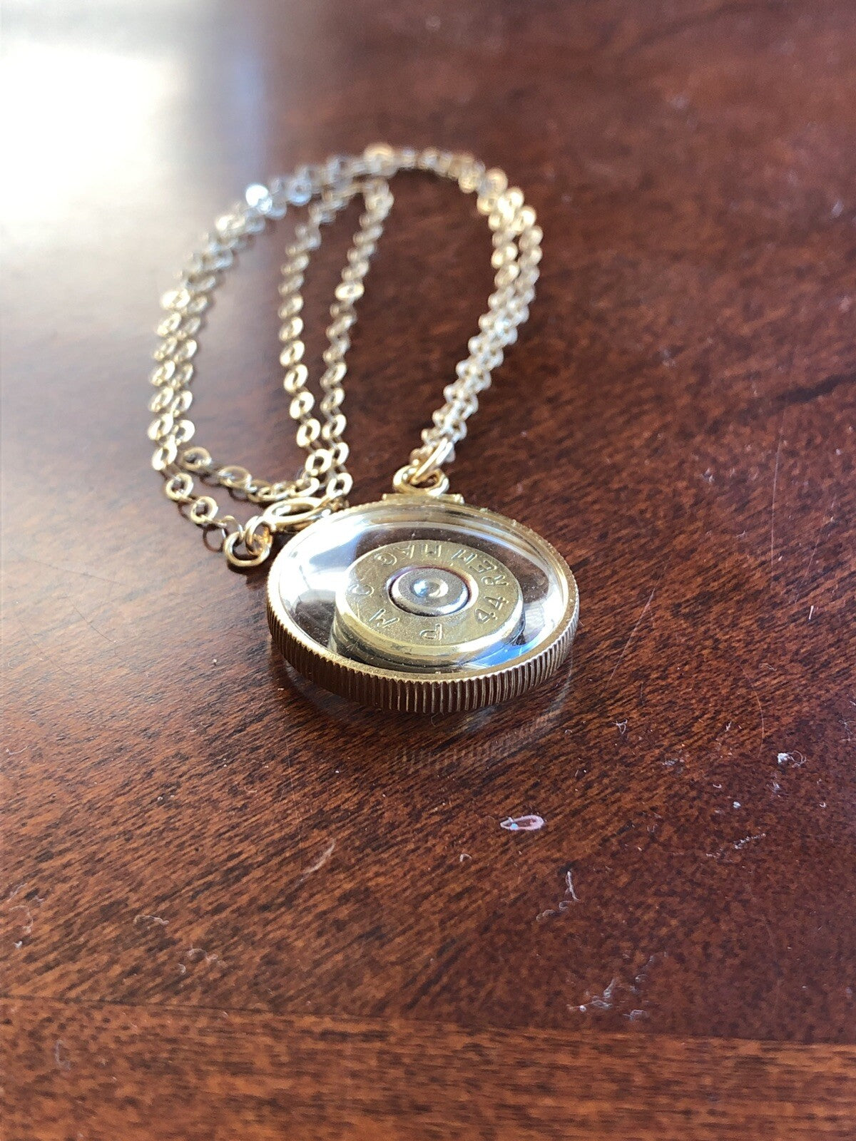 44 Magnum bullet necklace, back to back view locket, 14k gold filled locket-new