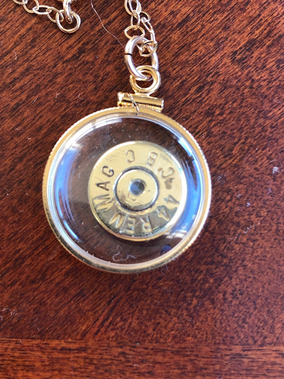 44 Magnum bullet necklace, back to back view locket, 14k gold filled locket-new