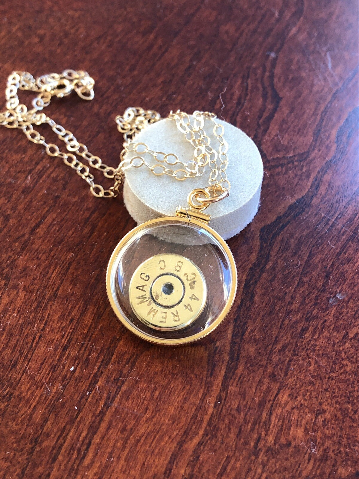 44 Magnum bullet necklace, back to back view locket, 14k gold filled locket-new