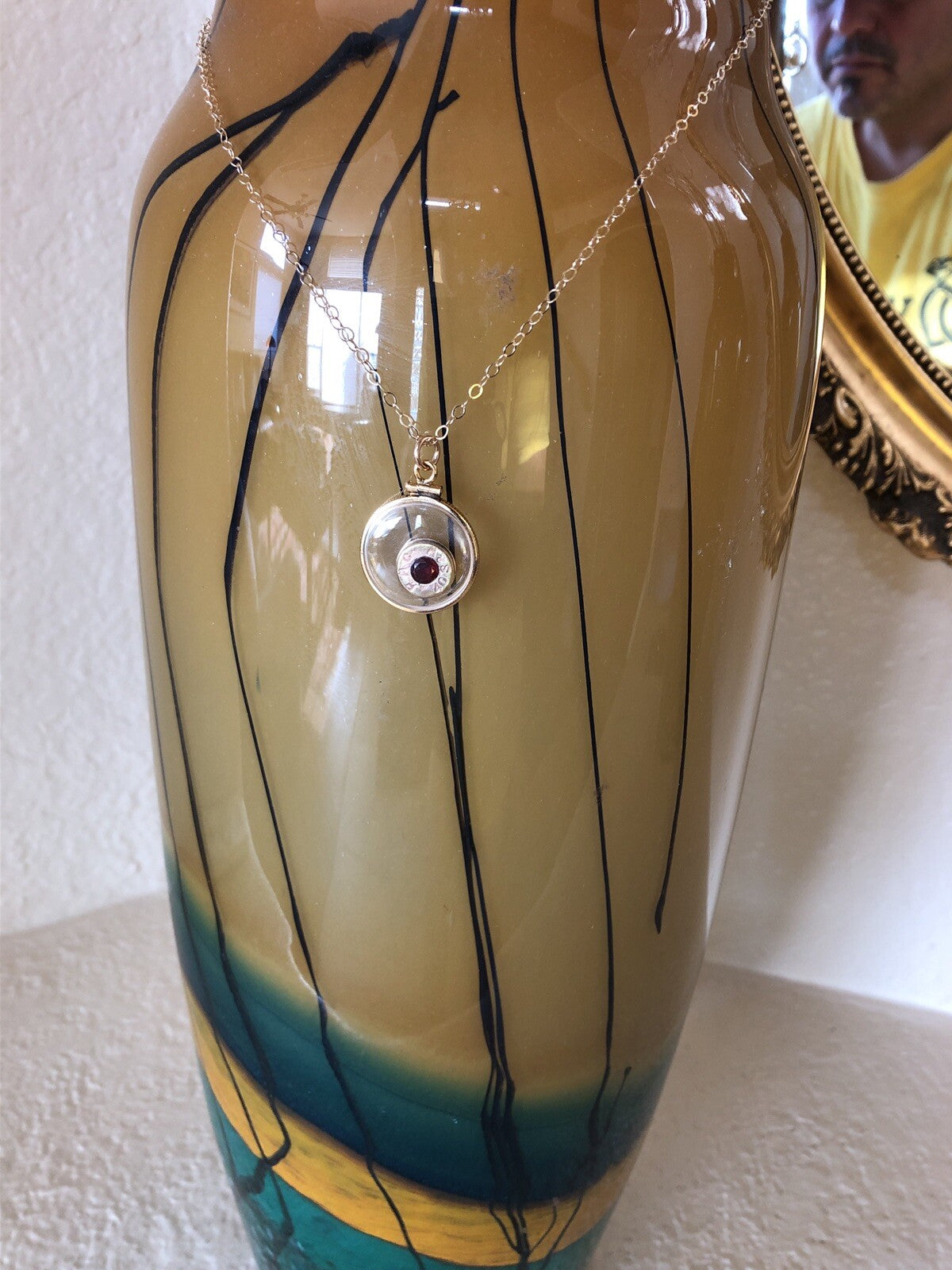 40 cal bullet necklace with 5 mm Garnet, Vintage 12k gold filled locket