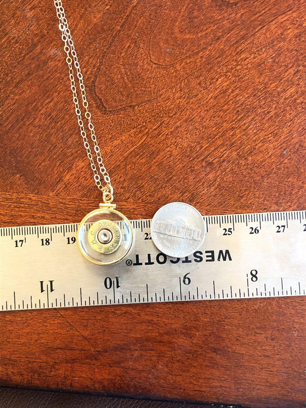 44 Magnum bullet necklace, back to back view locket, 14k gold filled locket-new