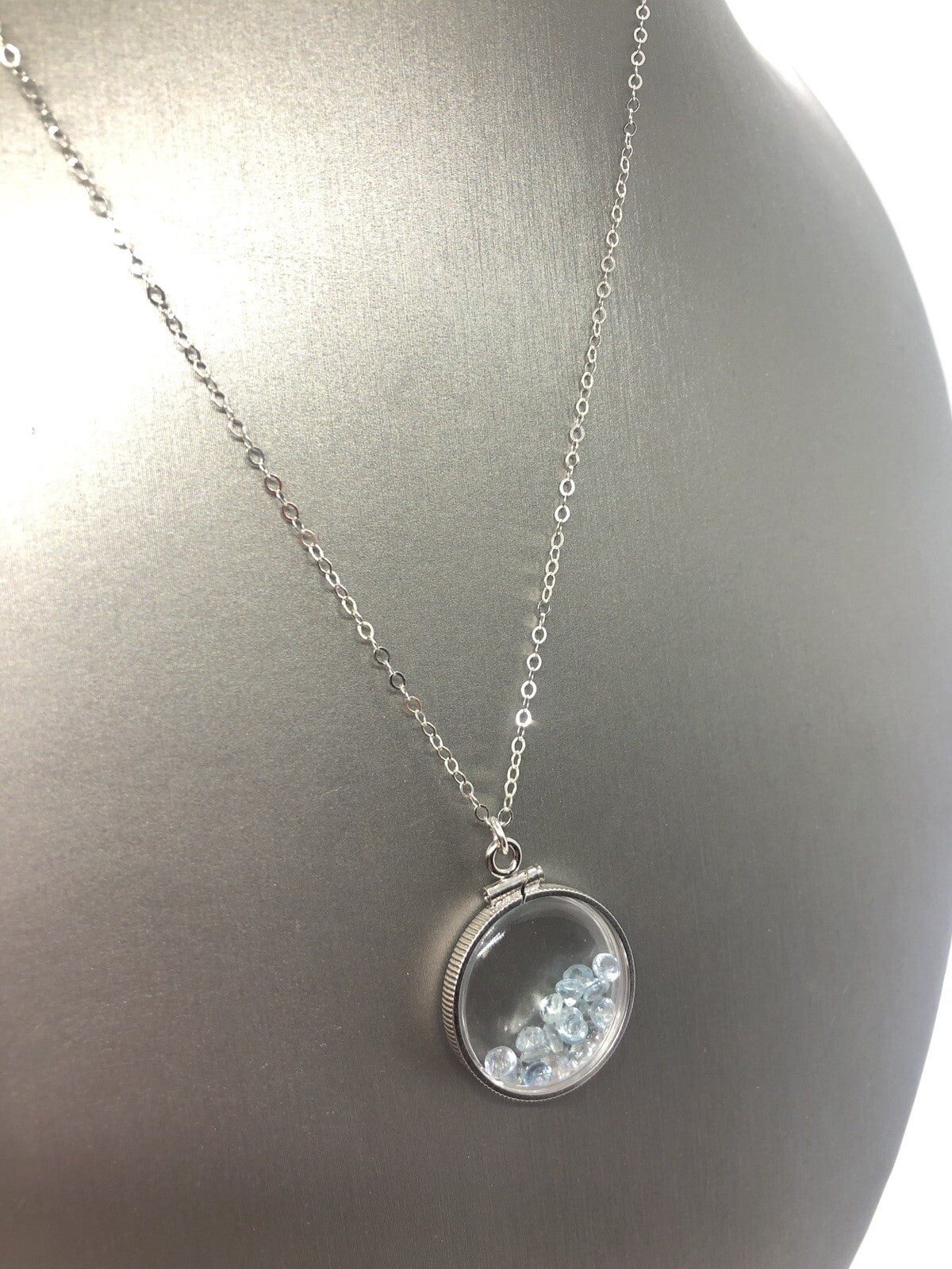 Handmade Aquamarine Shaker Locket 14k GF or Silver, Custom for Mother’s Day