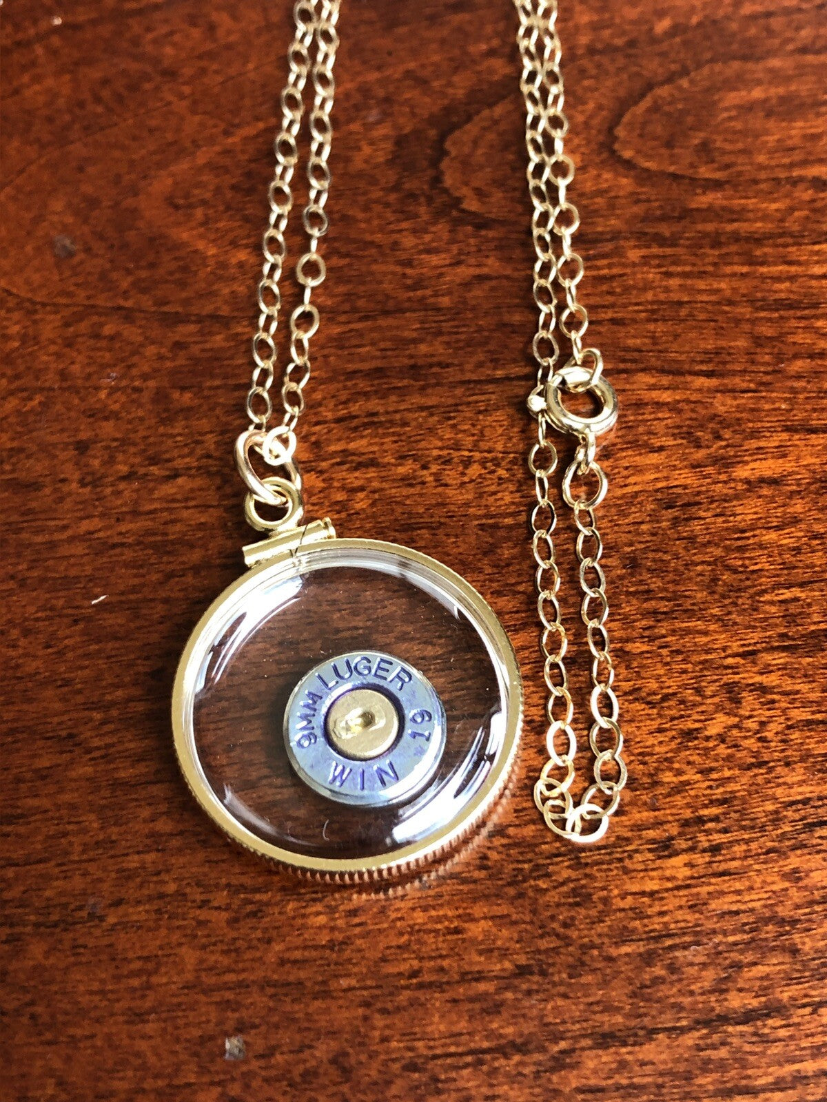 9mm bullet necklace, back to back view locket, 14k gold filled locket-new