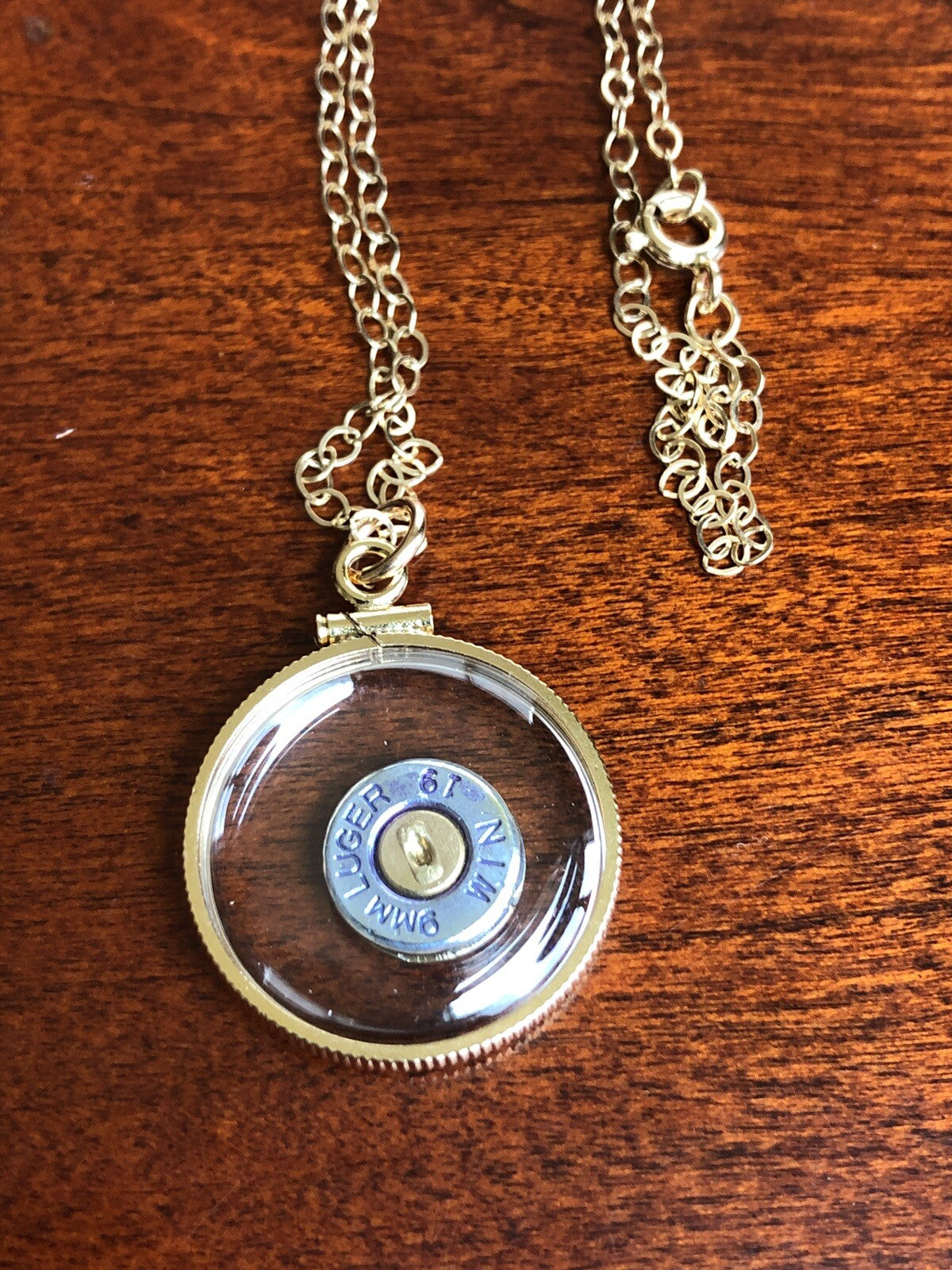 9mm bullet necklace, back to back view locket, 14k gold filled locket-new