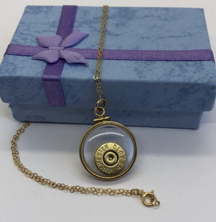 Winchester 45 auto handmade bullet slice in 14k gold filled shaker locket,