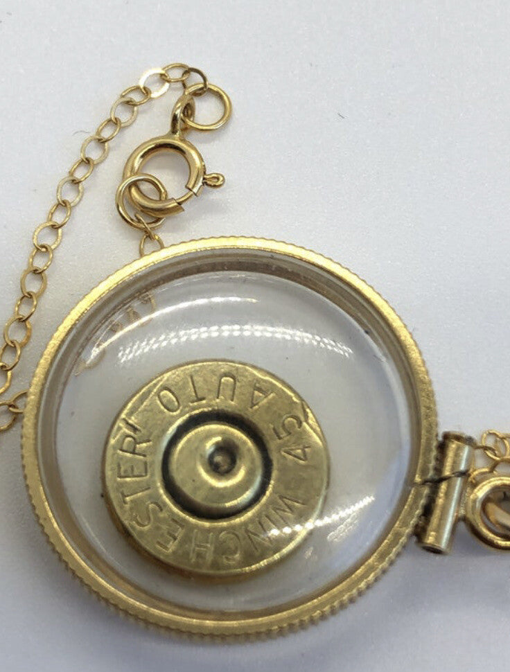 Winchester 45 auto handmade bullet slice in 14k gold filled shaker locket,
