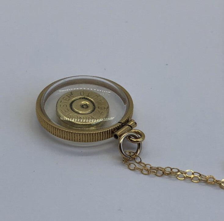 Winchester 45 auto handmade bullet slice in 14k gold filled shaker locket,