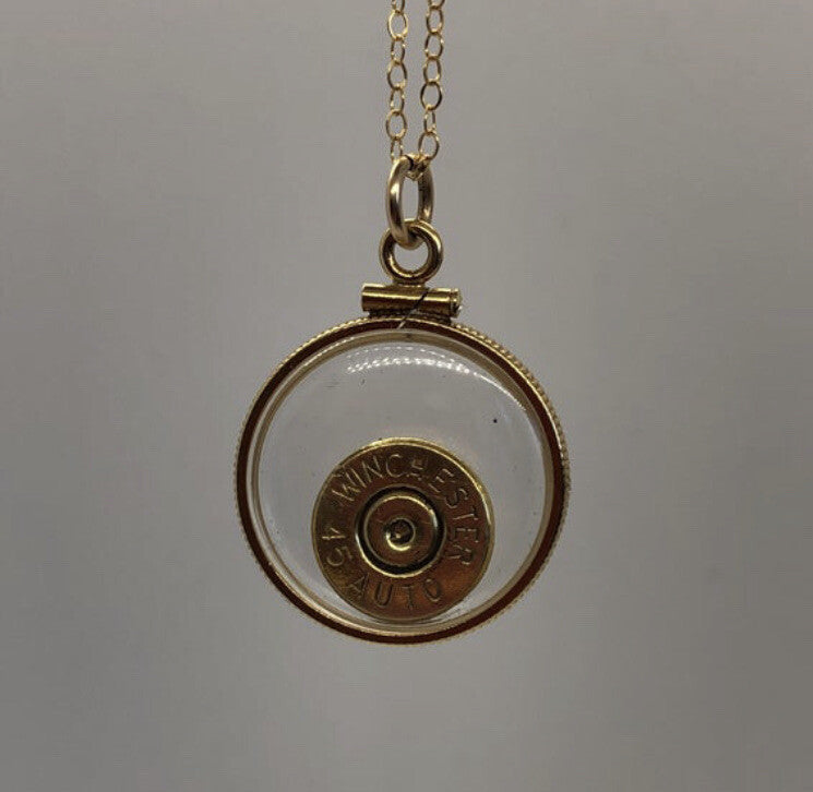 Winchester 45 auto handmade bullet slice in 14k gold filled shaker locket,