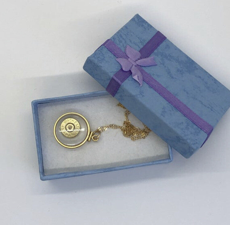 Winchester 45 auto handmade bullet slice in 14k gold filled shaker locket,