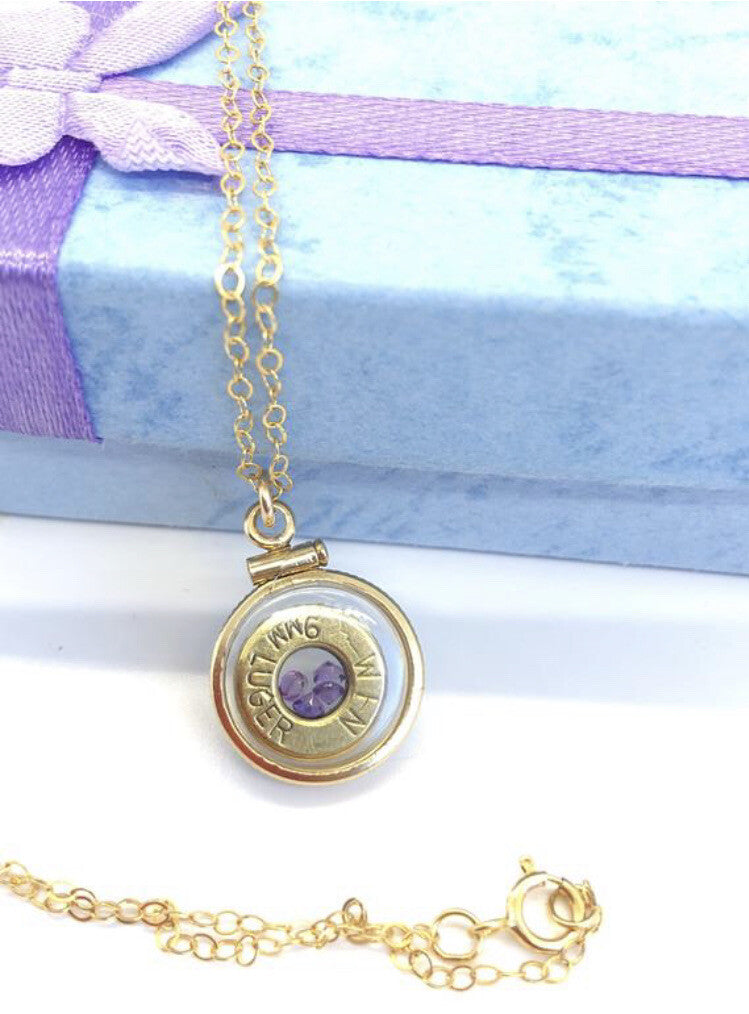 Handmade 14k gold filled 9 mm bullet shaker locket, with 4 floating Amethyst
