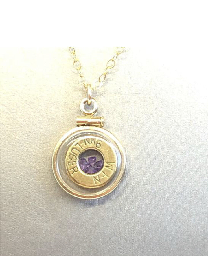 Handmade 14k gold filled 9 mm bullet shaker locket, with 4 floating Amethyst