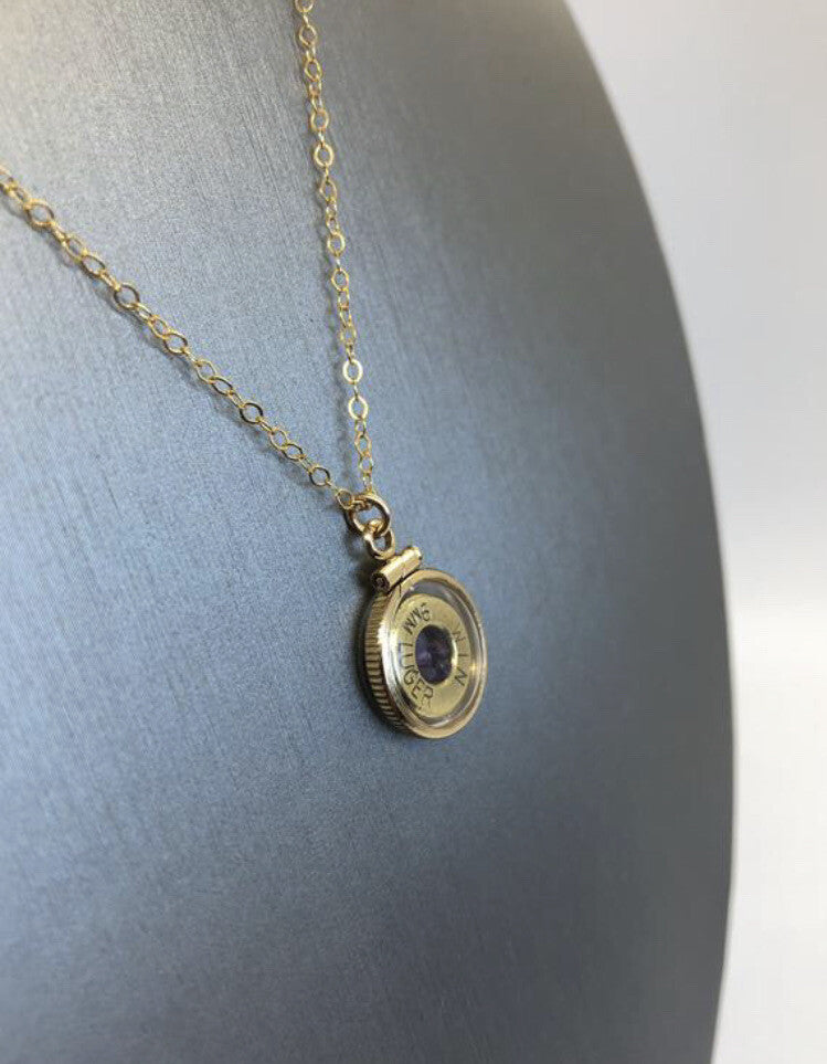 Handmade 14k gold filled 9 mm bullet shaker locket, with 4 floating Amethyst