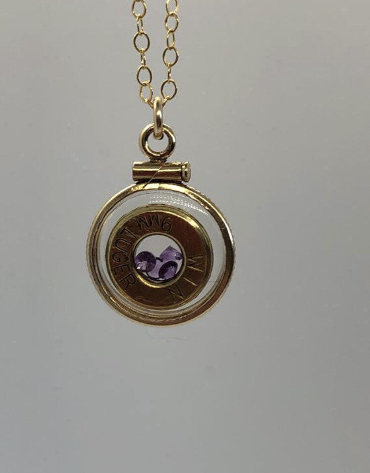 Handmade 14k gold filled 9 mm bullet shaker locket, with 4 floating Amethyst
