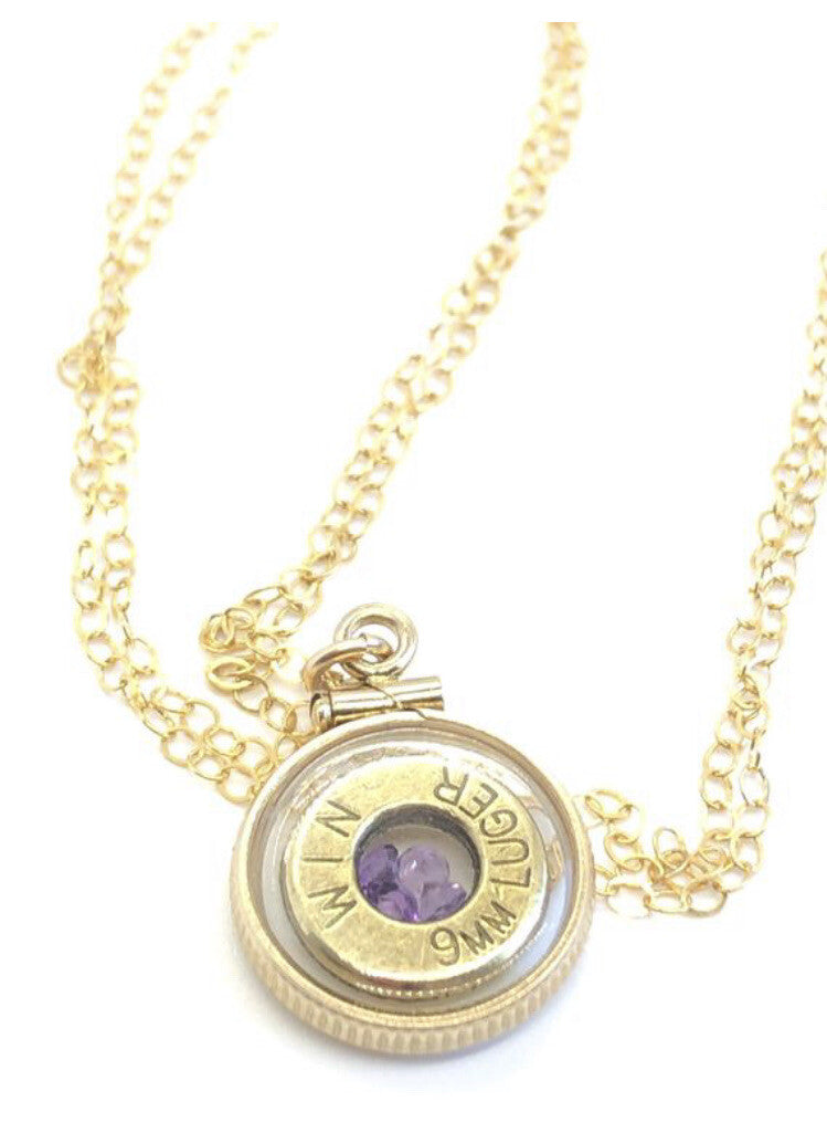 Handmade 14k gold filled 9 mm bullet shaker locket, with 4 floating Amethyst