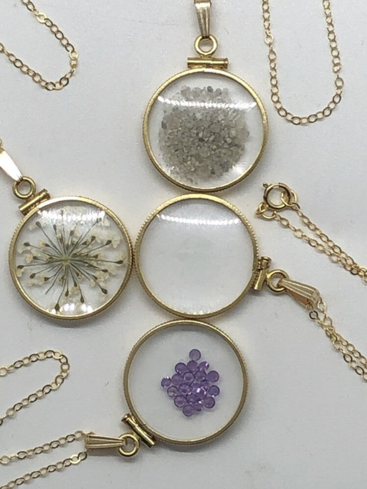 20 mm Empty Glass Shaker locket 14k gold filled with chain, gems free tool