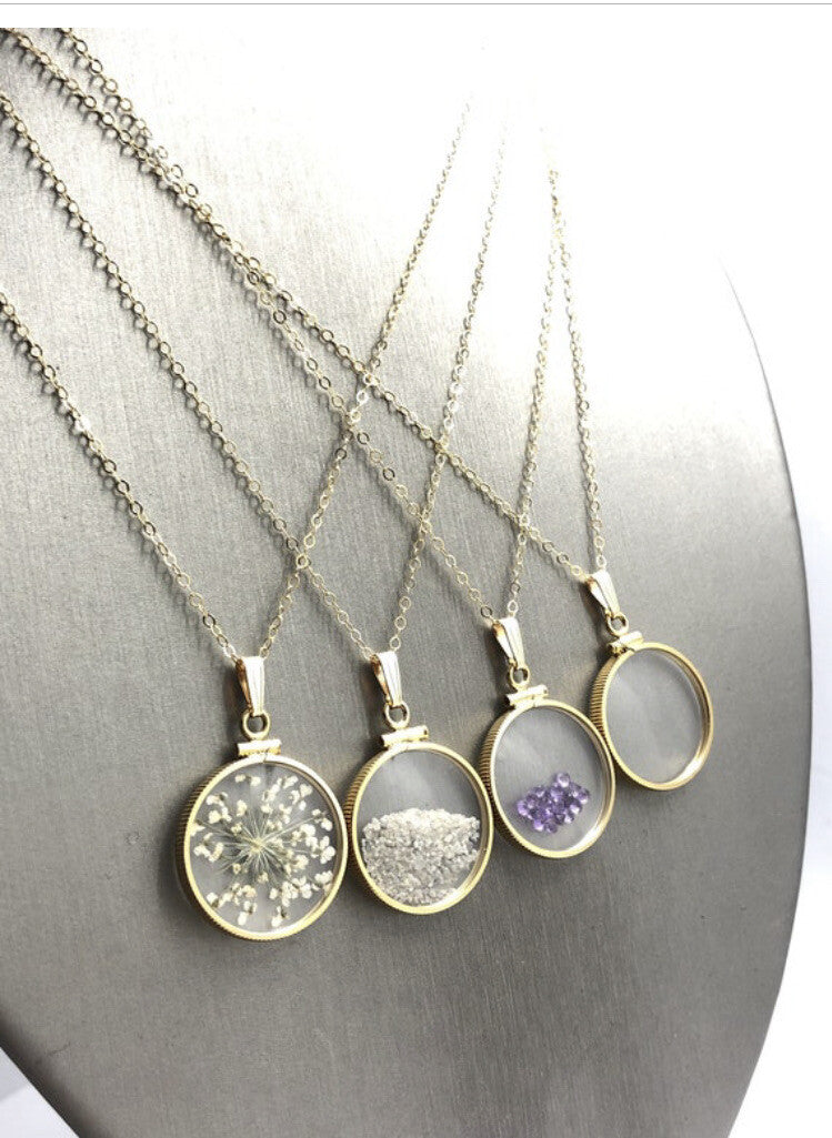 20 mm Empty Glass Shaker locket 14k gold filled with chain, gems free tool
