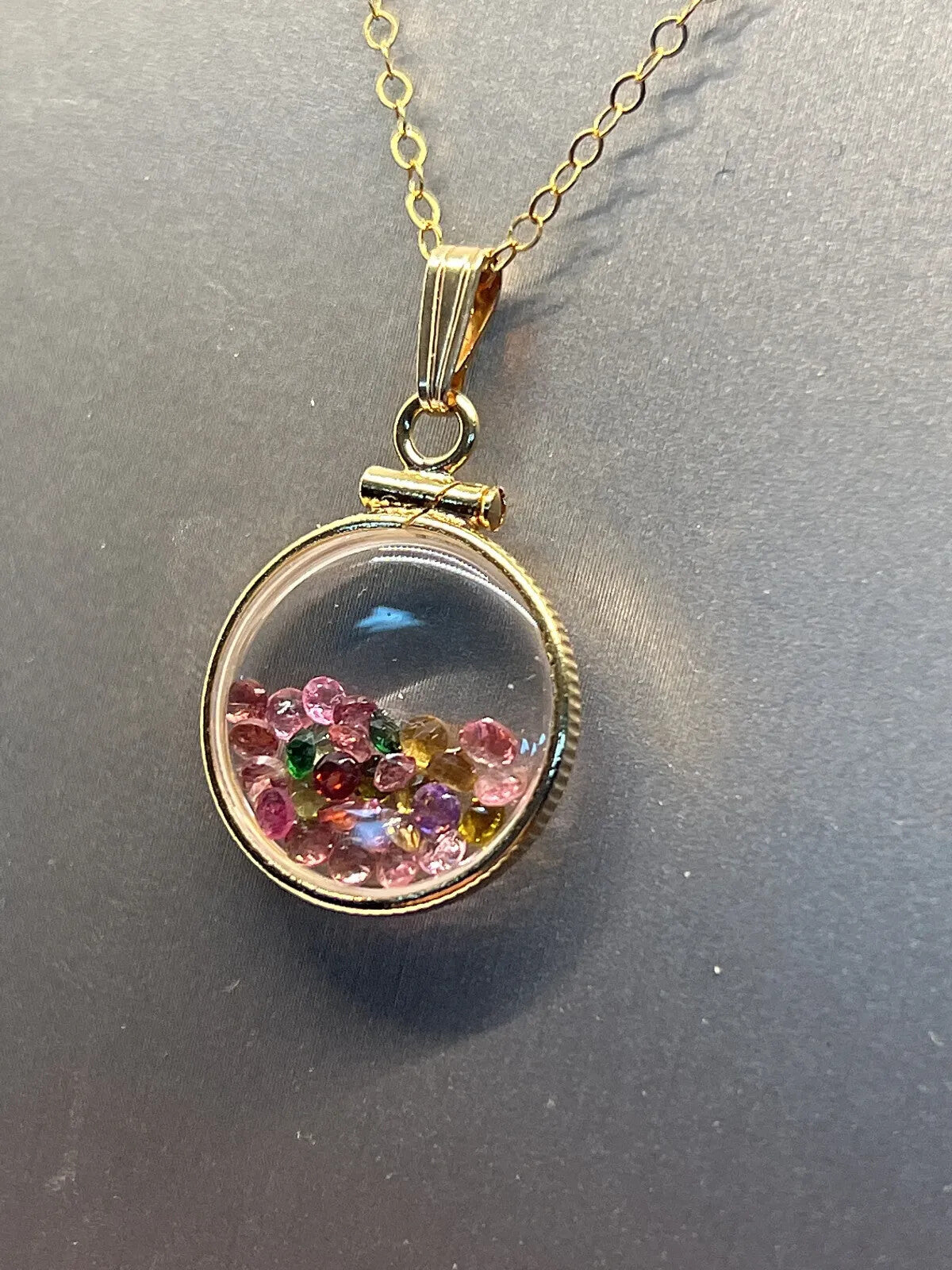 14k Solid gold dime size Lucite Shaker Locket with Tourmaline October birthday