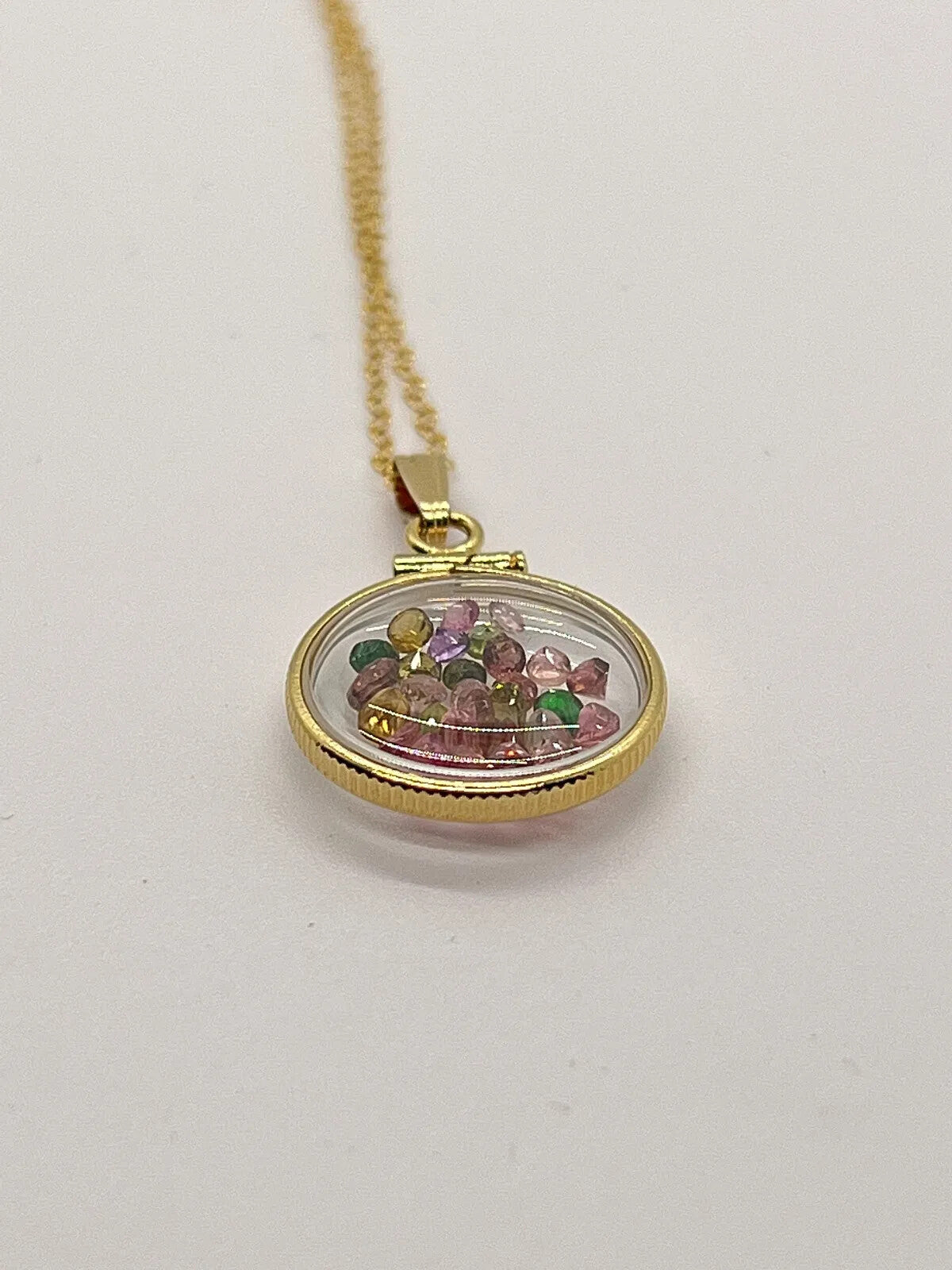 14k Solid gold dime size Lucite Shaker Locket with Tourmaline October birthday