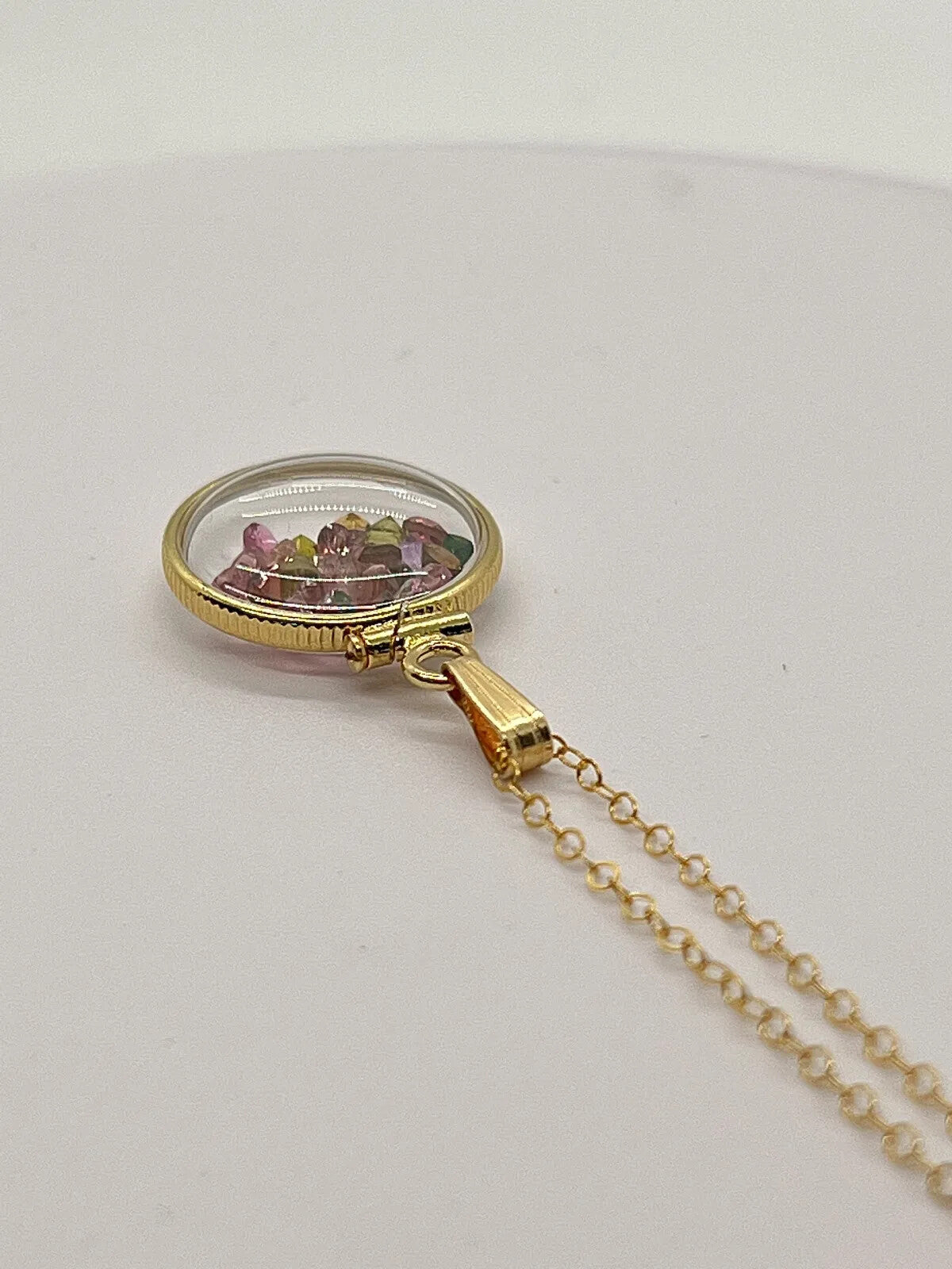 14k Solid gold dime size Lucite Shaker Locket with Tourmaline October birthday