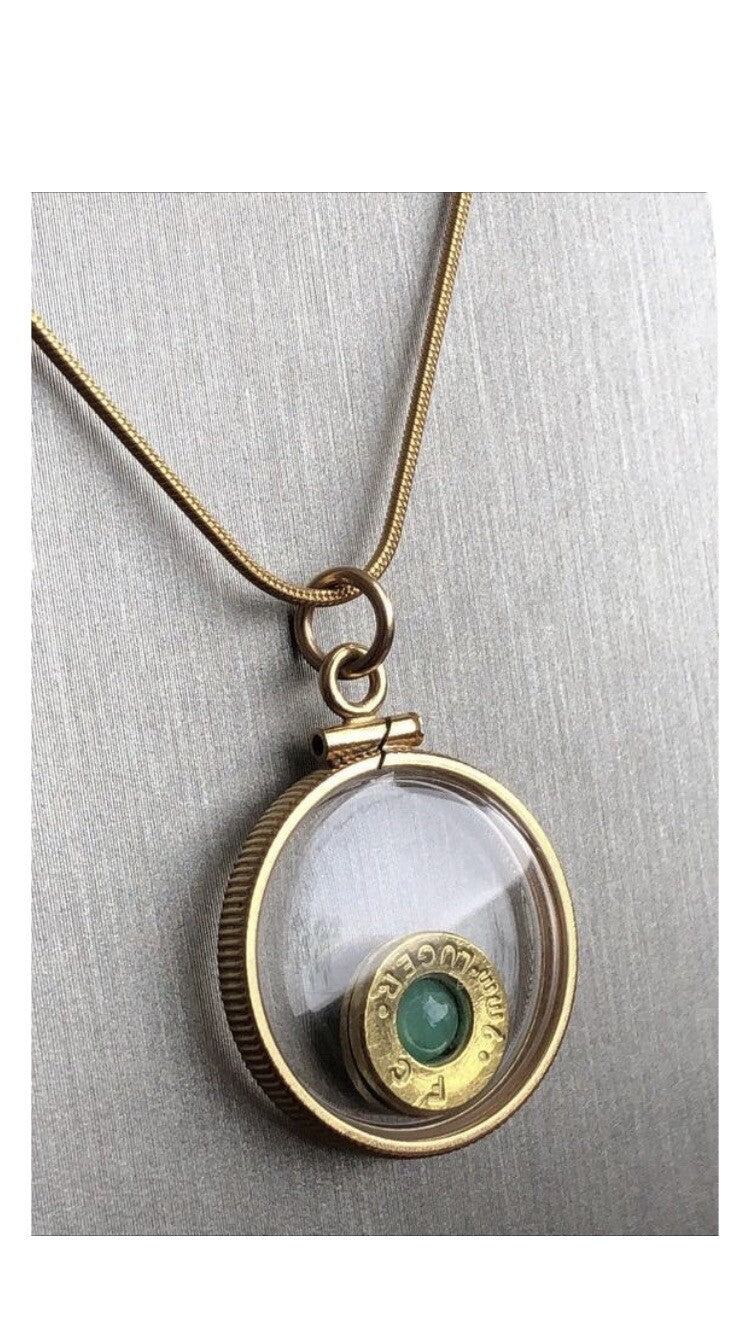 14k gold filled 9mm bullet necklace, back to back view locket, floating emerald