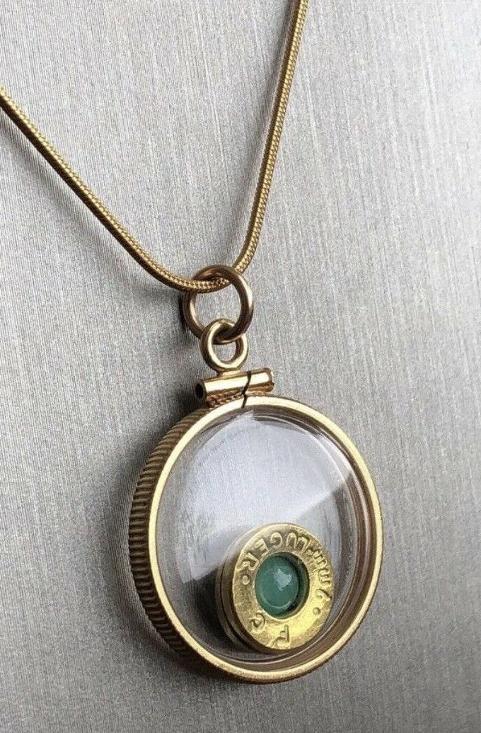14k gold filled 9mm bullet necklace, back to back view locket, floating emerald