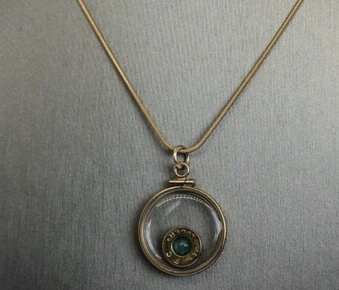 14k gold filled 9mm bullet necklace, back to back view locket, floating emerald