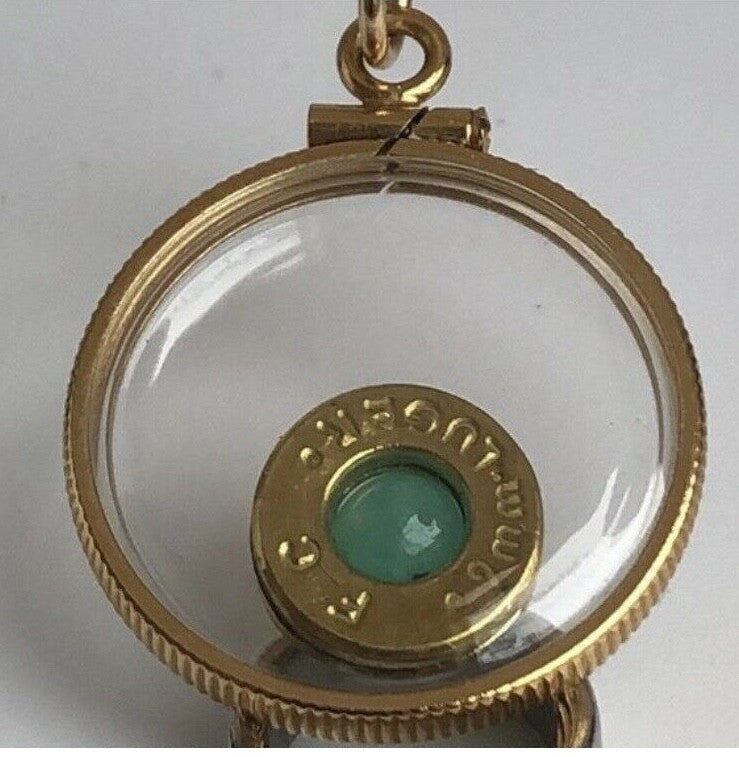14k gold filled 9mm bullet necklace, back to back view locket, floating emerald