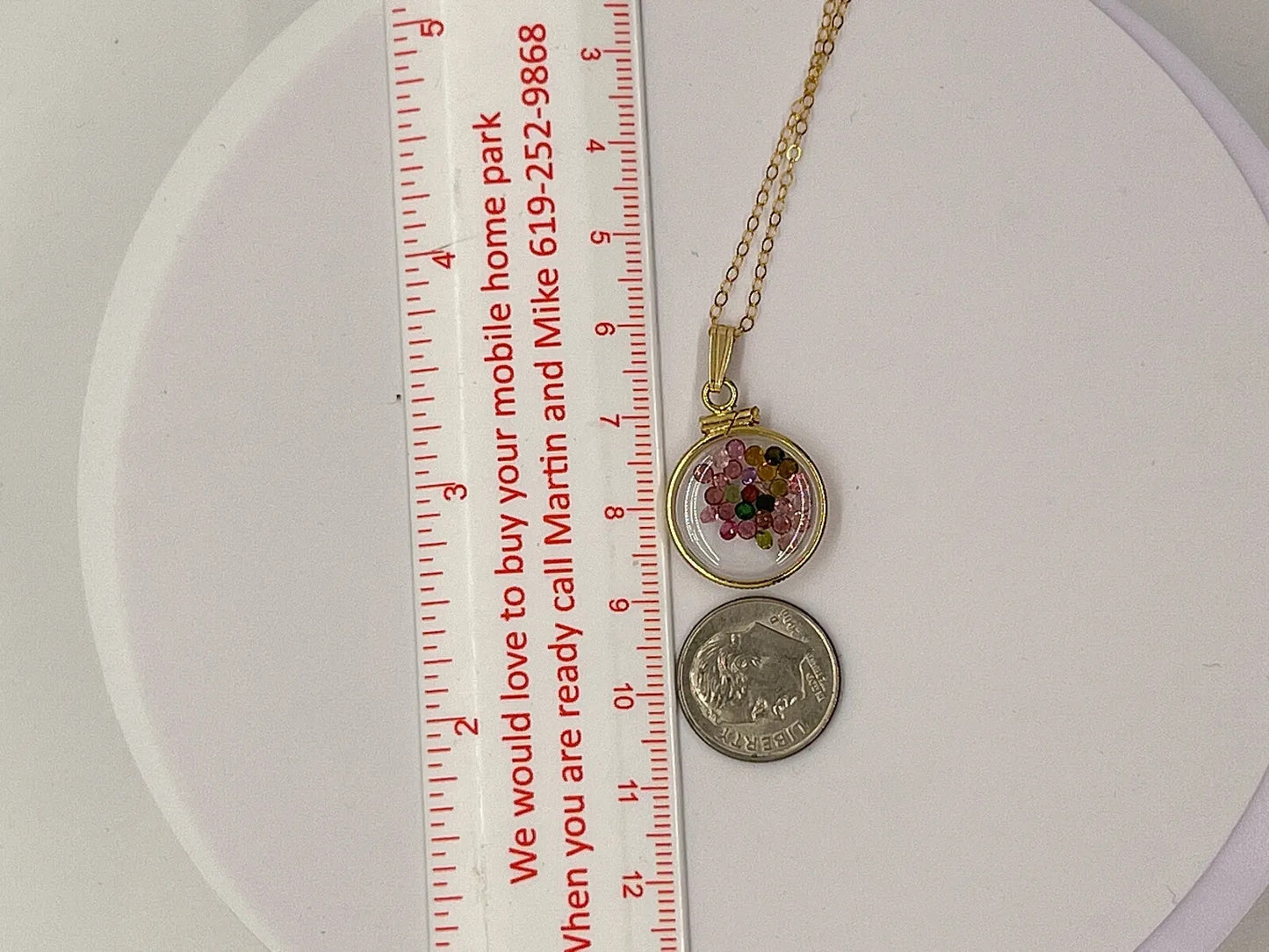 14k Solid gold dime size Lucite Shaker Locket with Tourmaline October birthday