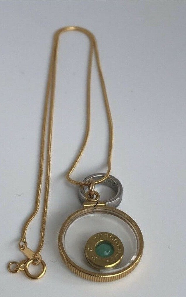 14k gold filled 9mm bullet necklace, back to back view locket, floating emerald